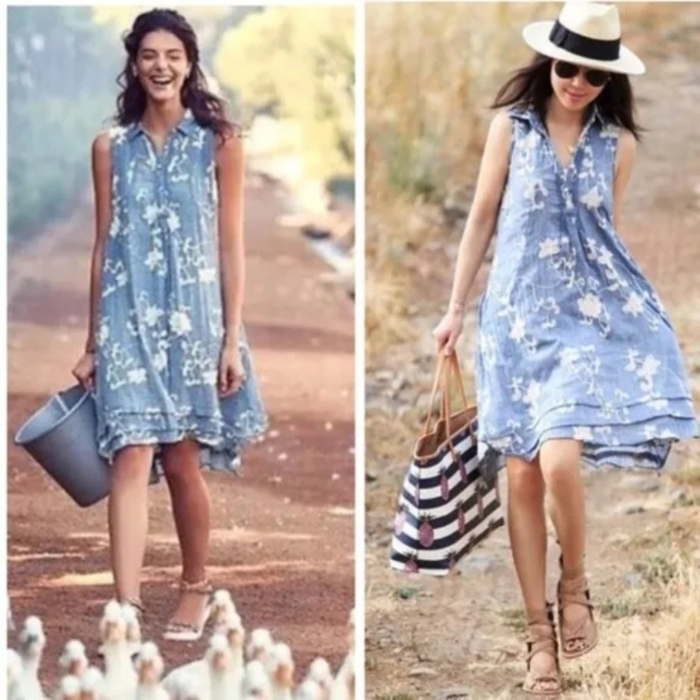 Anthro Isabella Sinclair Chambray Flower Embroidered Tillie Dress